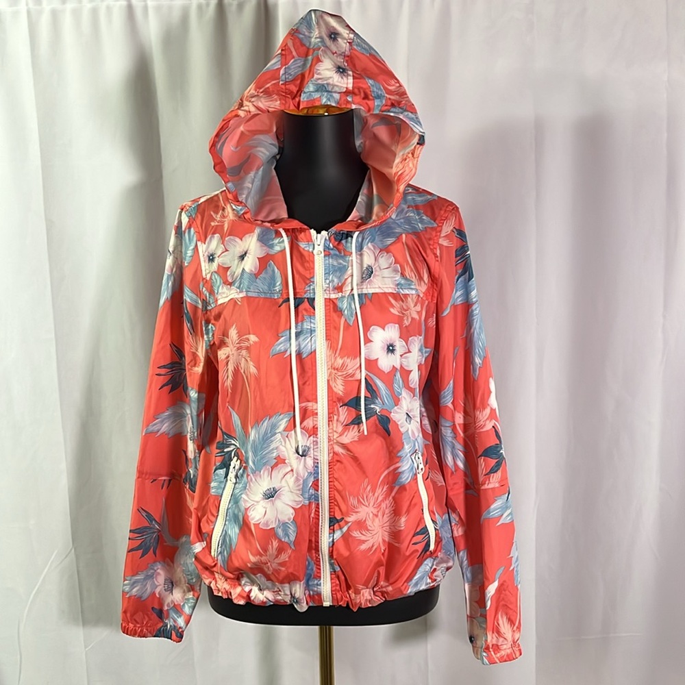 American Eagle Outfitters Pink Tropical Floral Print Zip Front Windbreaker
